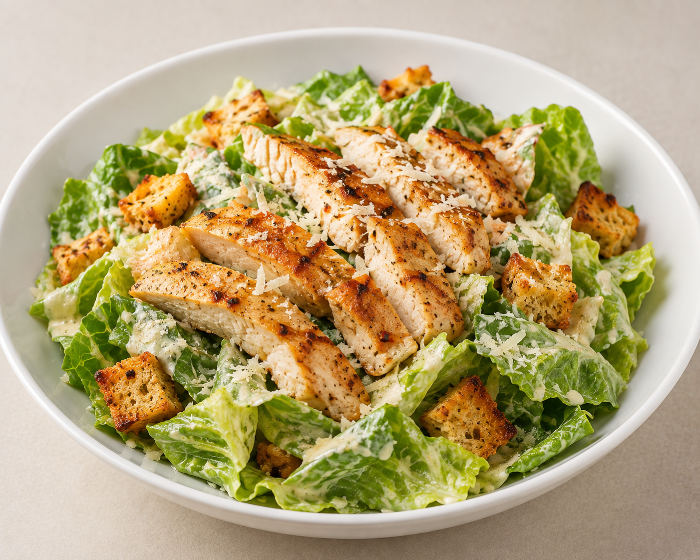 Salade Caesar aux aiguillettes de poulet marinées