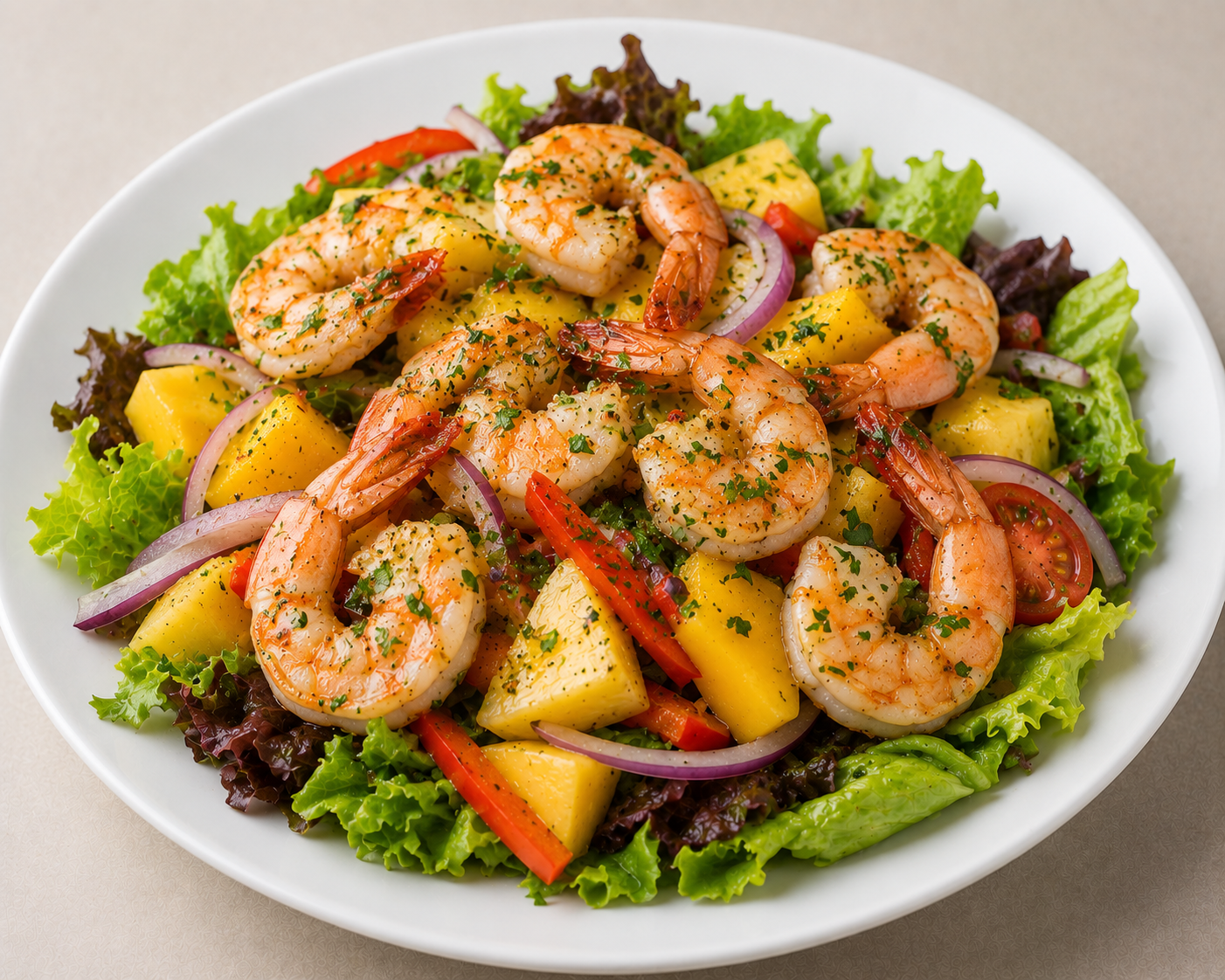 Salade de gambas persillées, fruits tropicaux et sauce vinaigrette parmesan / miel
