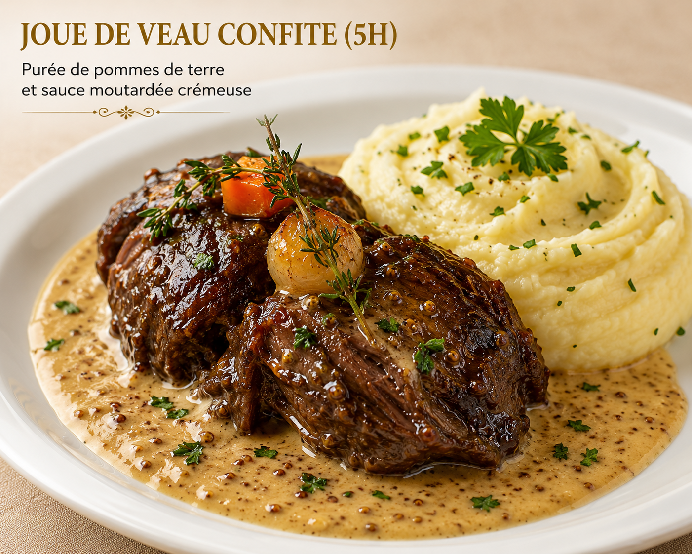 Joue de veau confite (5h), purée de pommes de terre et sauce moutardée crémeuse