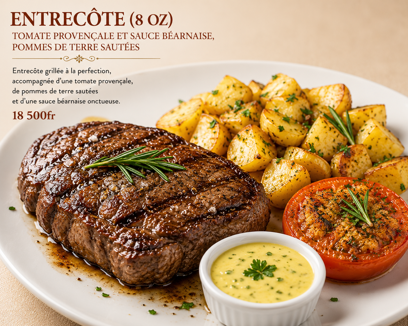 Entrecôte (8 oz), tomate provençale et sauce béarnaise, pommes de terre sautée