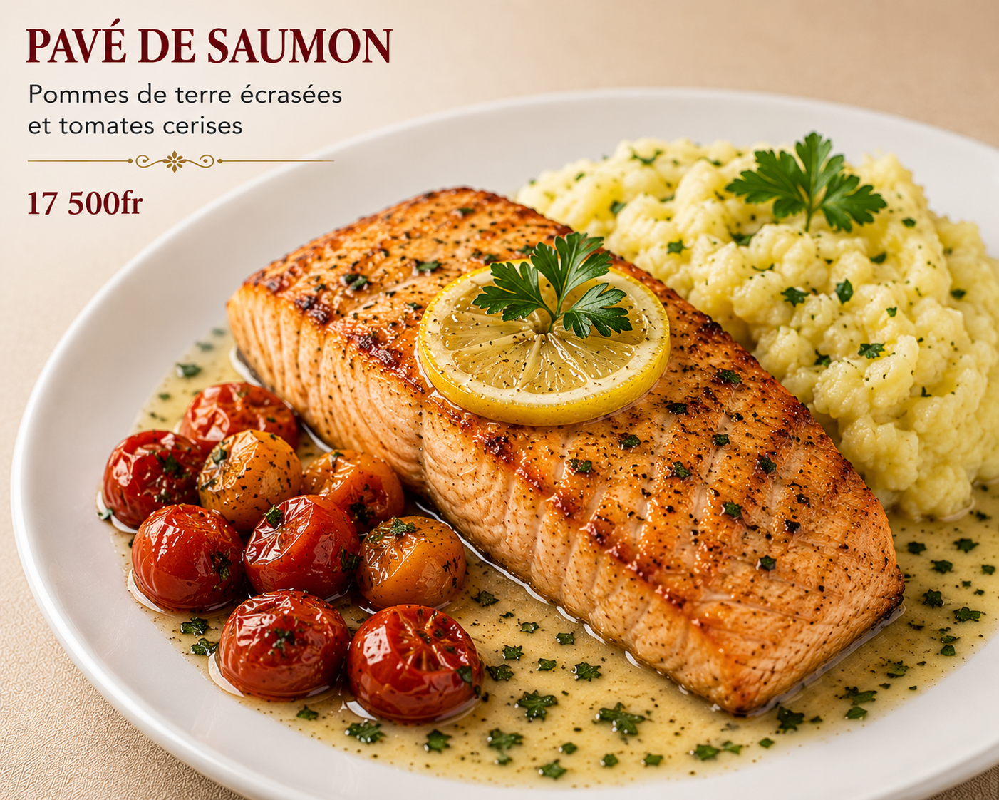 Pavé de saumon, pommes de terre écrasées et tomates cerises