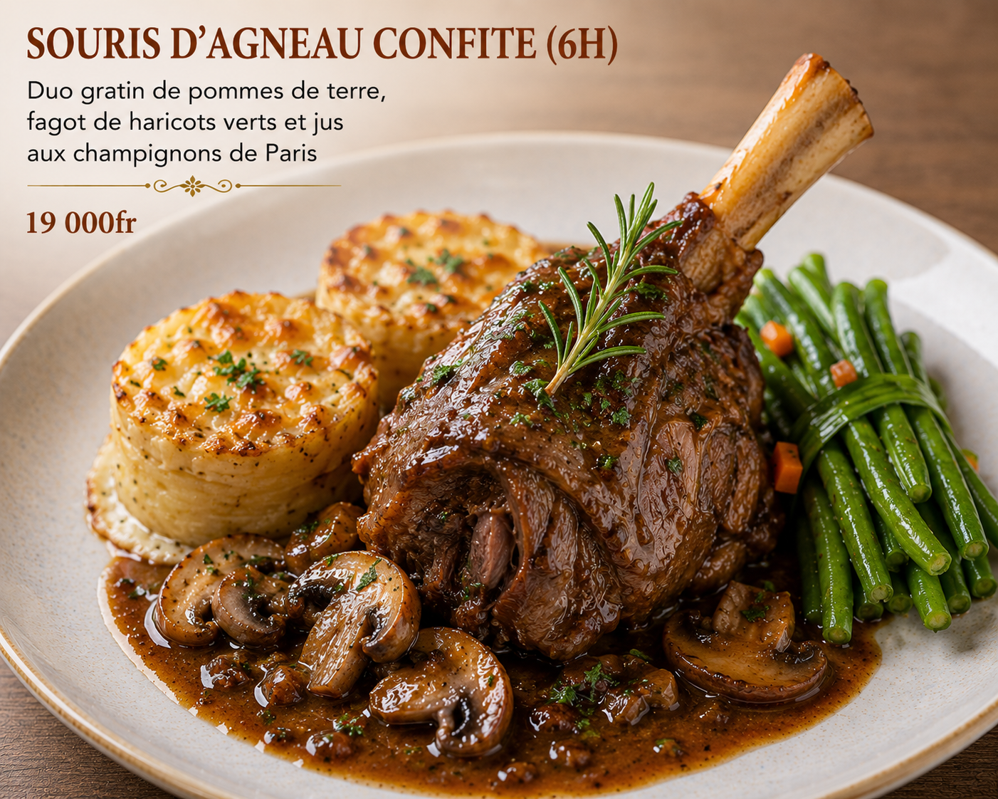 Souris d’agneau confite (6h), duo gratin de pommes de terre, fagot de haricots verts et jus aux champignons de Paris