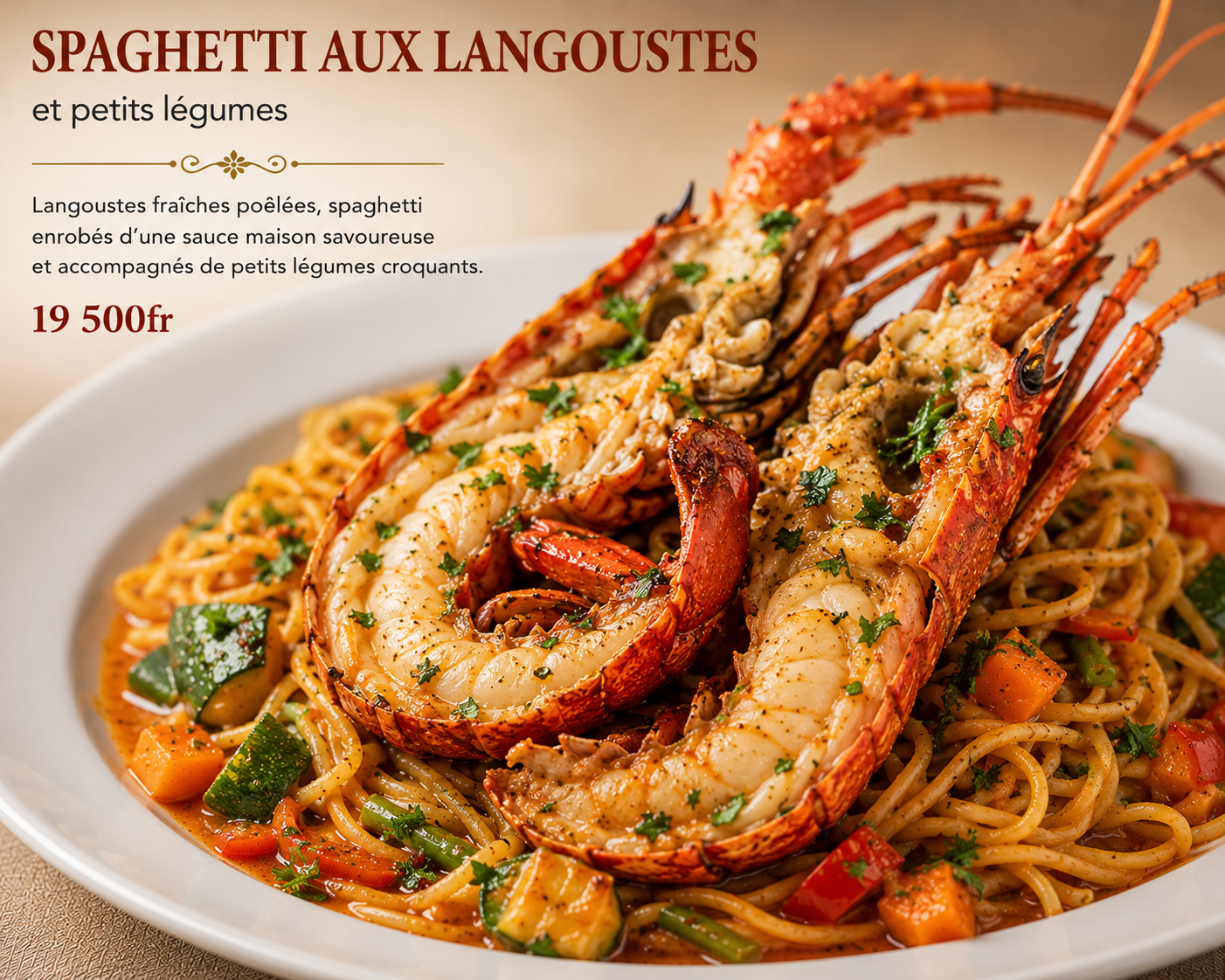 Spaghetti aux langoustes et petits légumes