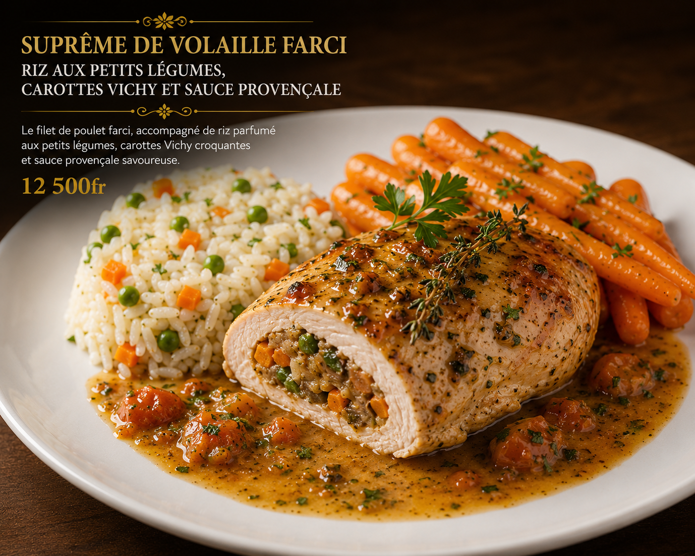 Suprême de volaille farci, riz aux petits légumes, carottes Vichy et sauce provençale