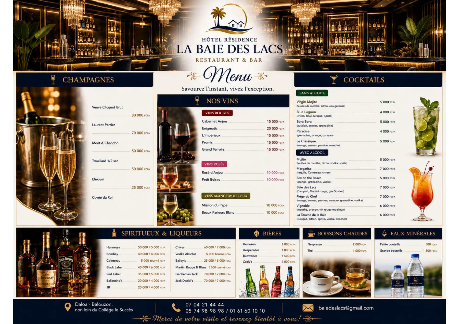 Carte Bar de l’Hôtel Résidence La Baie des Lacs