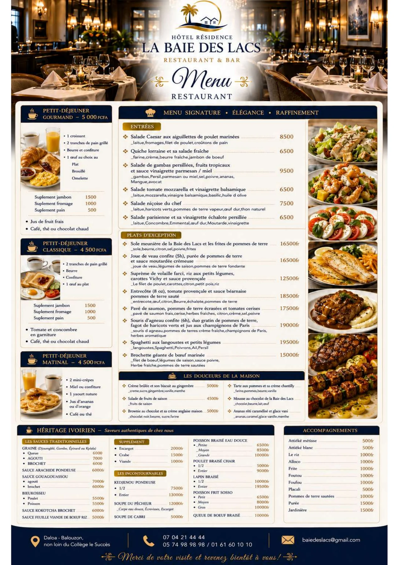 Carte Restaurant de l’Hôtel Résidence La Baie des Lacs
